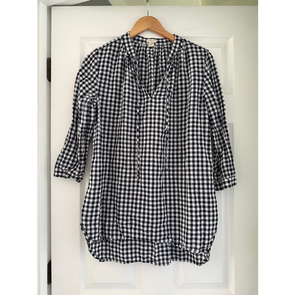 J.Crew Womens Gingham Tunic Blouse Linen Blend Preppy‎ Casual